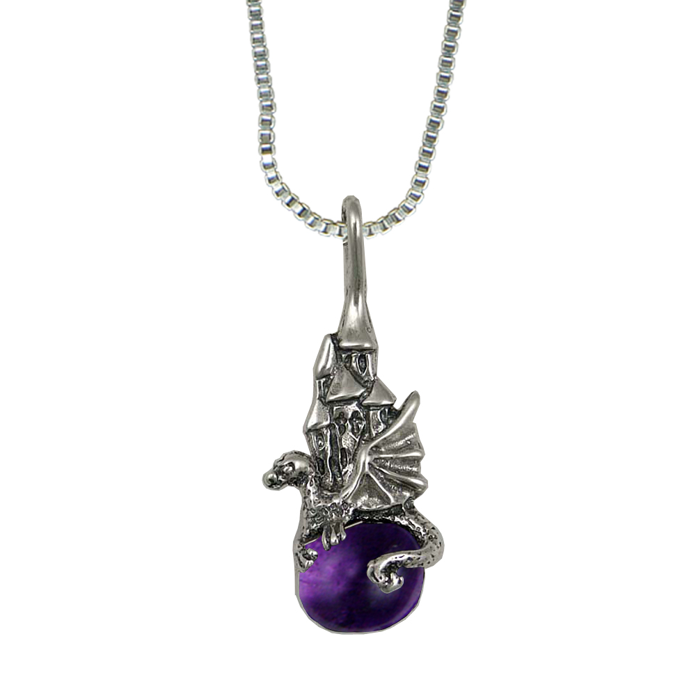 Sterling Silver Castle And Dragon of Prosperity Pendant With Amethyst